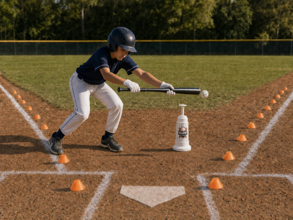 Hitter using a balanced bunting stance to direct a perforated training ball between cone lanes toward first and third base