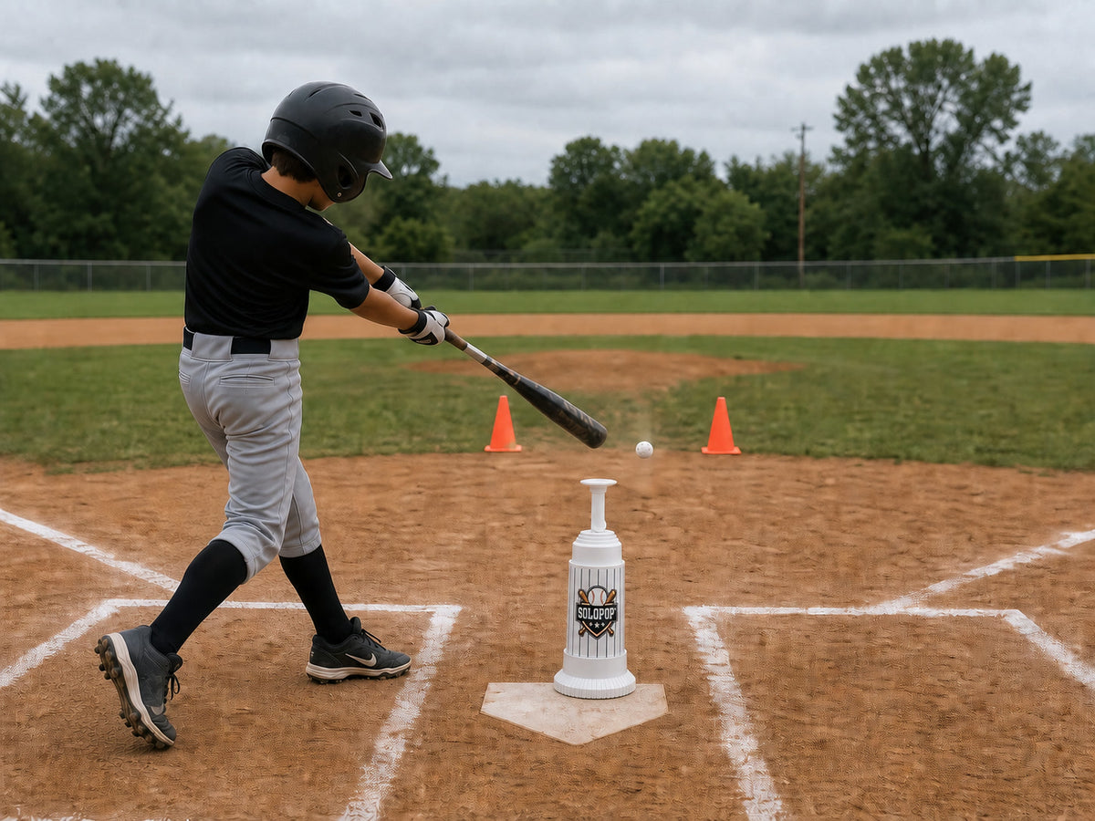 Hitter using a balanced follow-through to send a perforated training ball along the ground through a two-cone gap