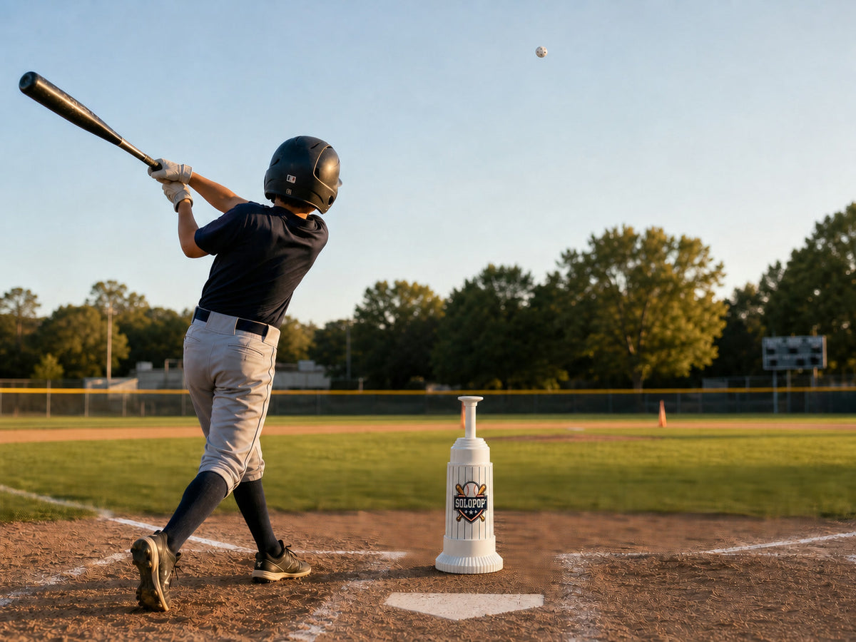 Hitter driving a perforated training ball high and beyond a cone landing line
