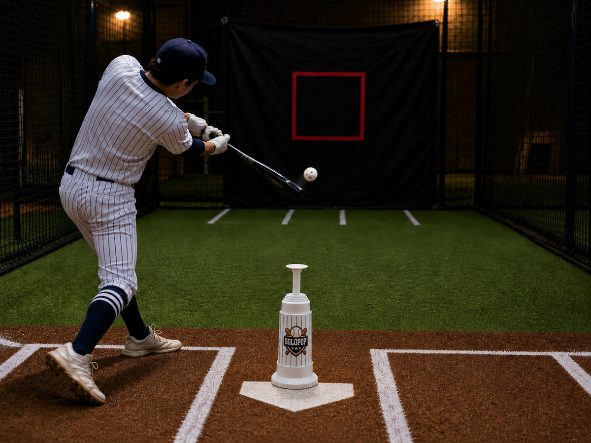 Hitter aiming a perforated training ball at a taped square in the centre of a practice net