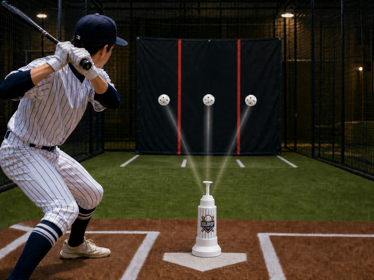 Hitter aiming perforated training balls at left, centre, and right sections of a practice net